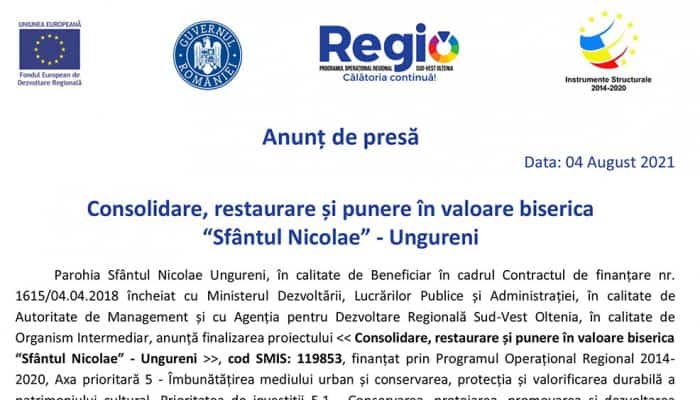 Anunț de presă: Consolidare, restaurare și punere în valoare biserica “Sfântul Nicolae” - Ungureni