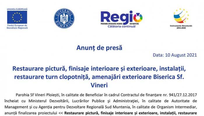 Anunț de presă: Restaurare pictură, finisaje interioare și exterioare, instalații, restaurare turn clopotniță, amenajări exterioare Biserica Sf. Vineri