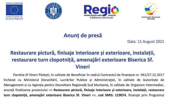 Anunț de presă: Restaurare pictură, finisaje interioare și exterioare, instalații, restaurare turn clopotniță, amenajări exterioare Biserica Sf. Vineri