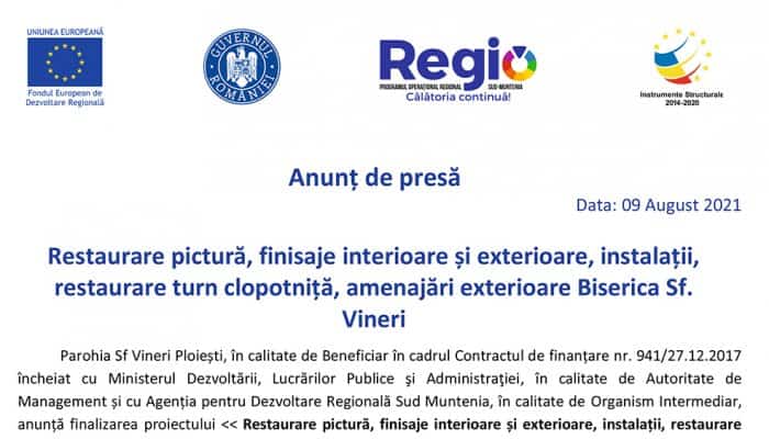 Anunț de presă: Restaurare pictură, finisaje interioare și exterioare, instalații, restaurare turn clopotniță, amenajări exterioare Biserica Sf. Vineri