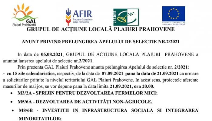 ANUNT PRIVIND PRELUNGIREA APELULUI DE SELECTIE NR.2/2021