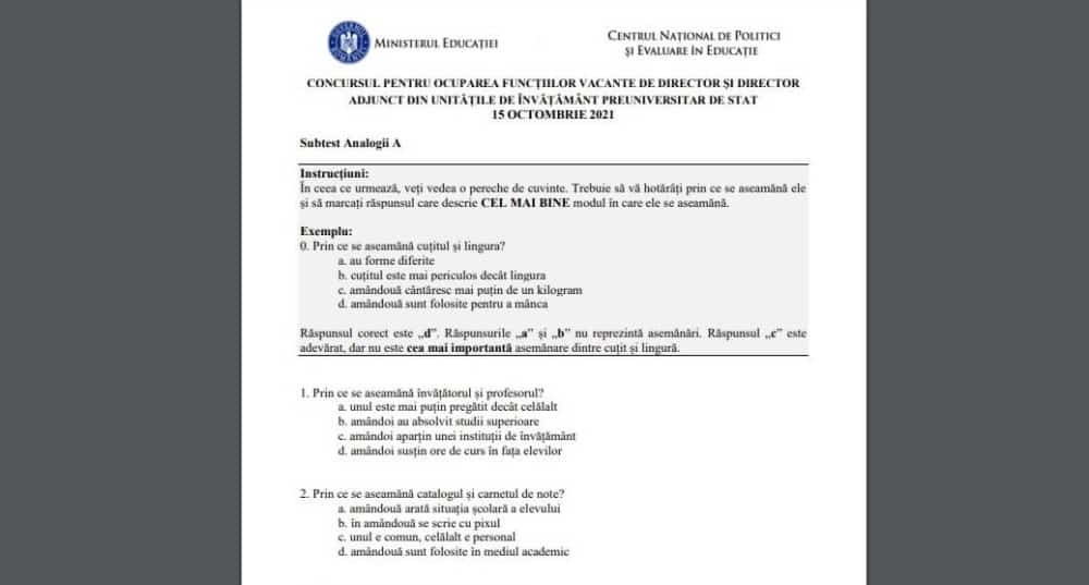 CONCURS DIRECTORI | Au fost publicate subiectele și grila. Întrebare de examen: “Prin ce se aseamănă manualul și culegerea?”