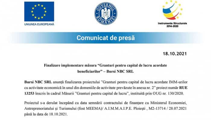 Comunicat de presă: Finalizare implementare măsura “Granturi pentru capital de lucru acordate  beneficiarilor” – Bursi NBC SRL