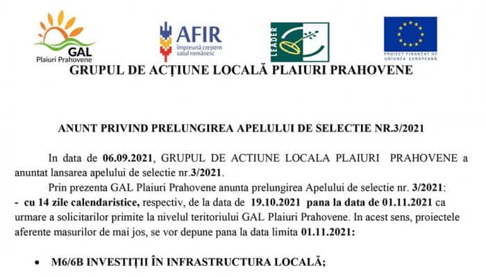 ANUNT PRIVIND PRELUNGIREA APELULUI DE SELECTIE NR.3/2021