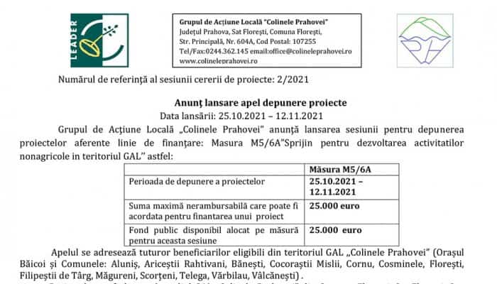 Anunţ lansare apel depunere proiecte: GAL „Colinele Prahovei” - Masura M5/6A