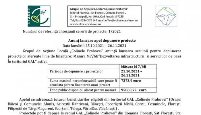 Anunţ lansare apel depunere proiecte: GAL „Colinele Prahovei” - Măsura M7/6B