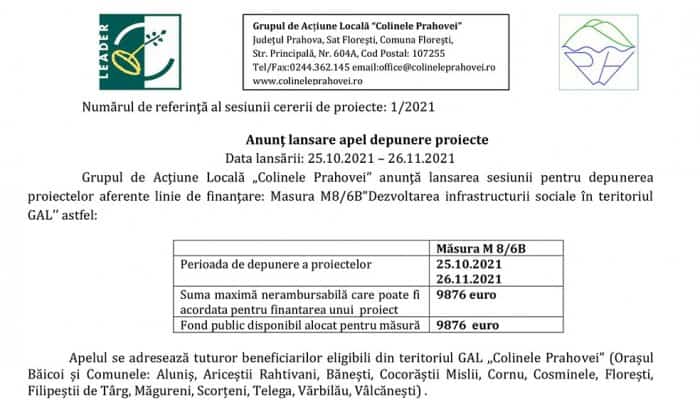 Anunţ lansare apel depunere proiecte: GAL ,,Colinele Prahovei” - Măsura M8/6B