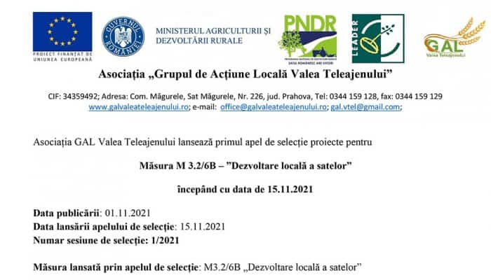 Asociația GAL Valea Teleajenului lansează primul apel de selecție proiecte pentru Măsura M 3.2/6B – ”Dezvoltare locală a satelor” începând cu data de 15.11.2021