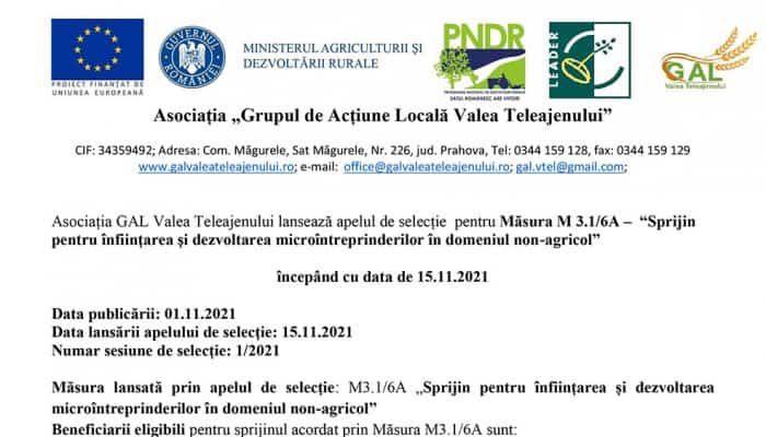 Asociația GAL Valea Teleajenului lansează apelul de selecție  pentru Măsura M 3.1/6A –  “Sprijin pentru înființarea și dezvoltarea microîntreprinderilor în domeniul non-agricol” începând cu data de 15.11.2021