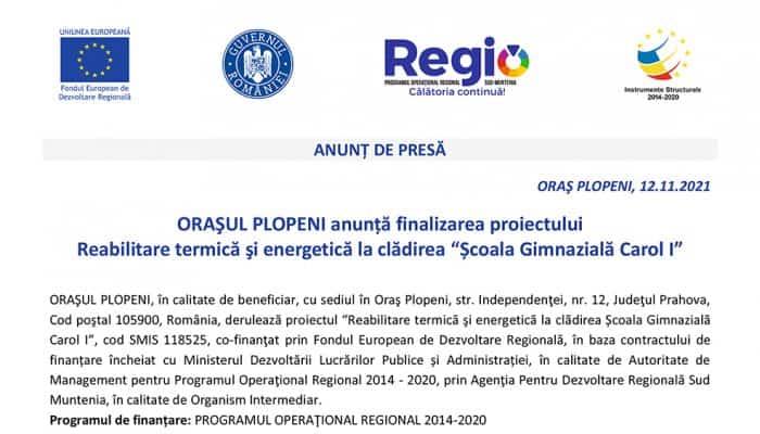 ANUNȚ DE PRESĂ: ORAŞUL PLOPENI anunță finalizarea proiectului Reabilitare termică şi energetică la clădirea “Școala Gimnazială Carol I”