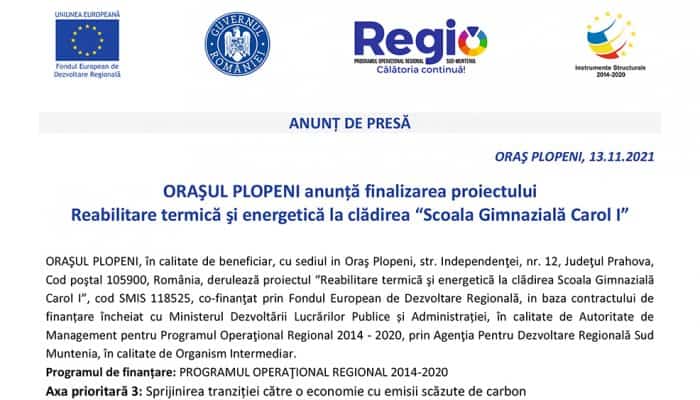 ANUNȚ DE PRESĂ: ORAŞUL PLOPENI anunță finalizarea proiectului Reabilitare termică şi energetică la clădirea “Scoala Gimnazială Carol I”