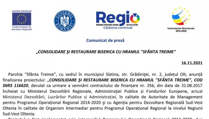  Comunicat de presă: „CONSOLIDARE ŞI RESTAURARE BISERICA CU HRAMUL &quot;SFÂNTA TREIME&quot;