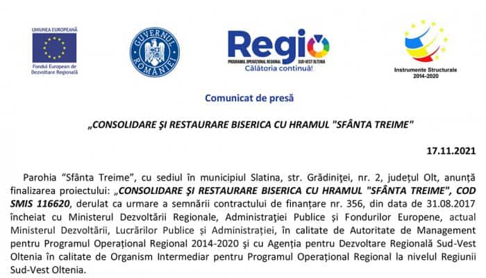 Comunicat de presă: „CONSOLIDARE ŞI RESTAURARE BISERICA CU HRAMUL &quot;SFÂNTA TREIME&quot;