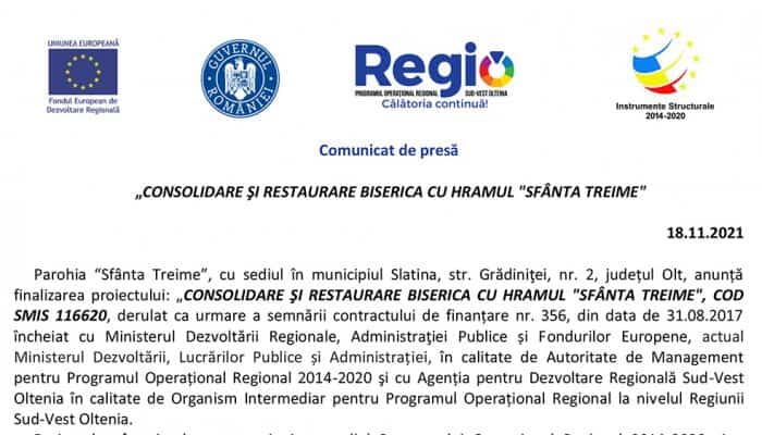  Comunicat de presă: „CONSOLIDARE ŞI RESTAURARE BISERICA CU HRAMUL &quot;SFÂNTA TREIME&quot;