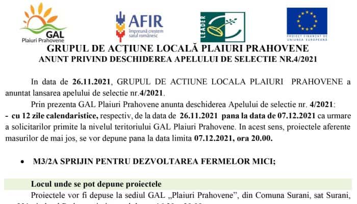 GAL PLAIURI PRAHOVENE: ANUNȚ PRIVIND DESCHIDEREA APELULUI DE SELECȚIE NR.4/2021