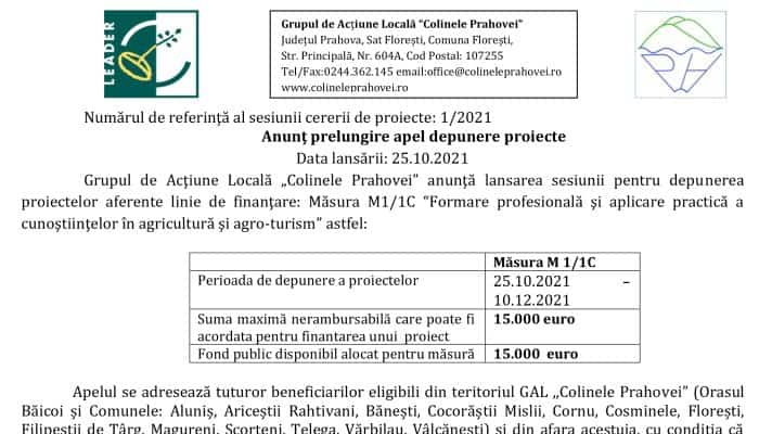 GAL „Colinele Prahovei”. Măsura M1/1C “Formare profesională şi aplicare practică a cunoştiinţelor în agricultură şi agro-turism”