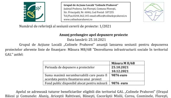 GAL „Colinele Prahovei”: Măsura M8/6B” Dezvoltarea infrastructurii sociale în teritoriul GAL’’ 