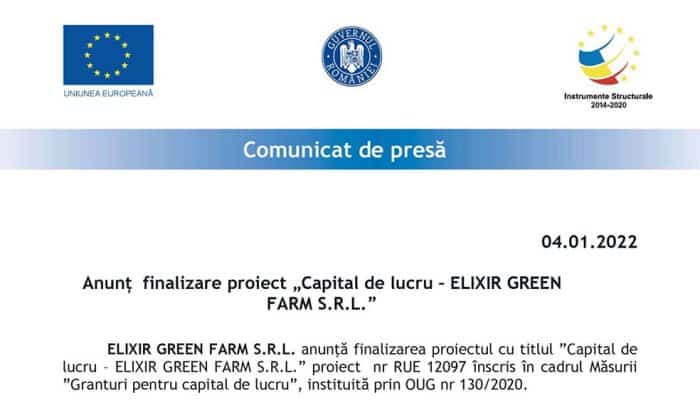 COMUNICAT DE PRESĂ: Anunț  finalizare proiect „Capital de lucru – ELIXIR GREEN FARM S.R.L.”