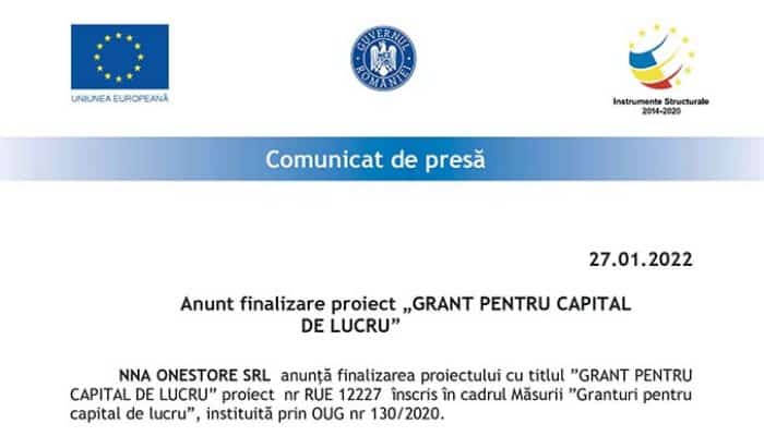 COMUNICAT DE PRESĂ: Anunt finalizare proiect „GRANT PENTRU CAPITAL DE LUCRU”