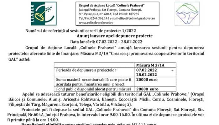 Anunţ lansare apel depunere proiecte: Măsura M3/1A ”Crearea și promovarea cooperativelor în teritoriul GAL’’