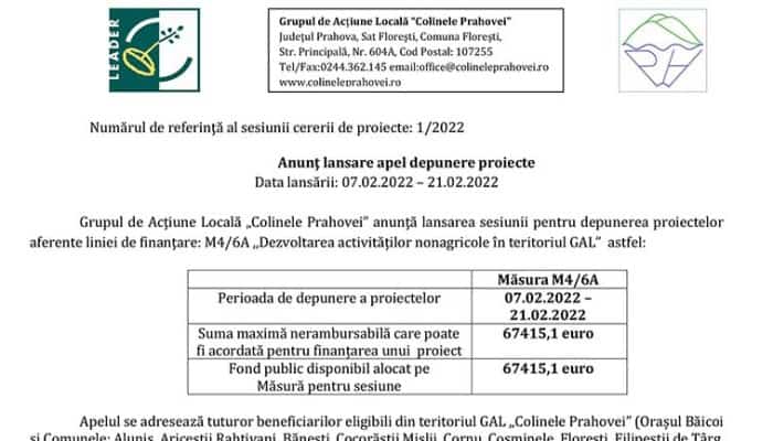 Anunţ lansare apel depunere proiecte: M4/6A ,,Dezvoltarea activităților nonagricole în teritoriul GAL”  