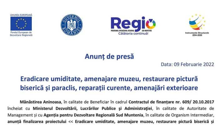 Anunț de presă: Eradicare umiditate, amenajare muzeu, restaurare pictură biserică și paraclis, reparații curente, amenajări exterioare