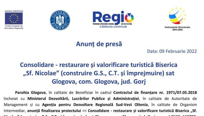 Anunț de presă: Consolidare - restaurare și valorificare turistică Biserica „Sf. Nicolaeˮ (construire G.S., C.T. și împrejmuire) sat Glogova, com. Glogova, jud. Gorj