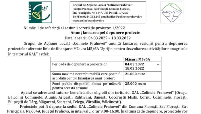 Anunţ lansare apel depunere proiecte: Măsura M5/6A ”Sprijin pentru dezvoltarea activităților nonagricole în teritoriul GAL’’ 