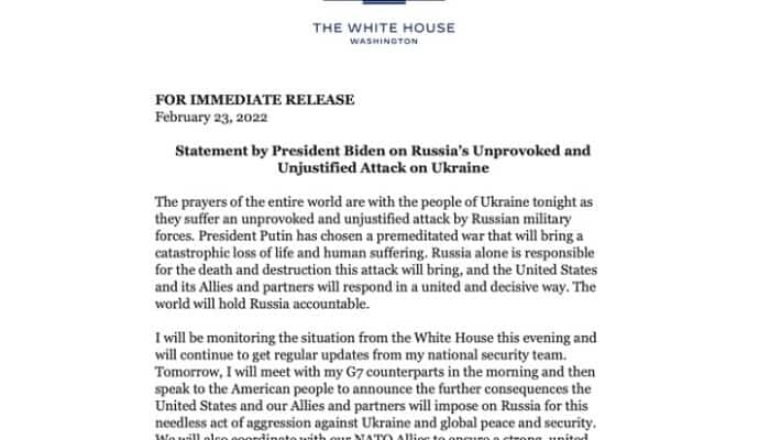 Joe Biden, despre atacul din Ucraina: “Președintele Putin a ales calea unui război premeditat care va aduce pierderi catastrofale de vieți și multă suferință. Rusia este singura responsabilă”