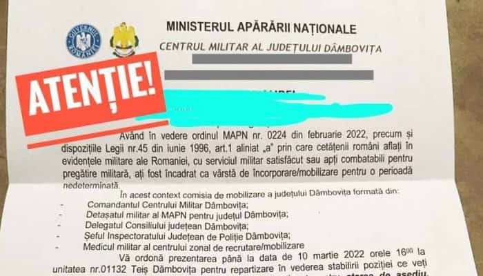 FALS. Un așa-zis “ordin de chemare la mobilizare” a apărut în județul Dâmbovița