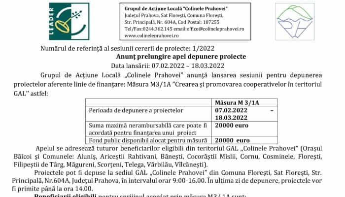 Anunţ prelungire apel depunere proiecte: Măsura M3/1A ”Crearea și promovarea cooperativelor în teritoriul GAL’’