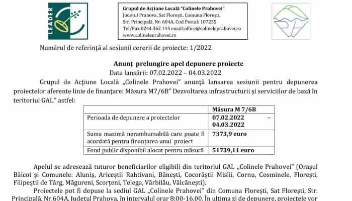 Anunţ  prelungire apel depunere proiecte: Măsura M7/6B ”Dezvoltarea infrastructurii și serviciilor de bază în teritoriul GAL’’ 