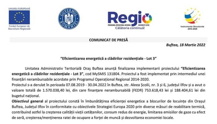 COMUNICAT DE PRESĂ: “Eficientizarea energetică a clădirilor rezidențiale - Lot 3”