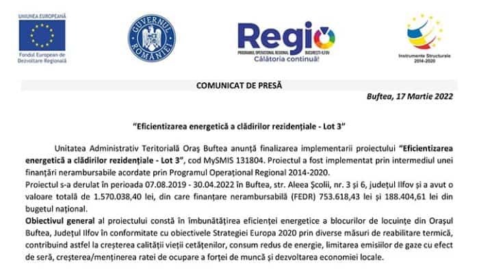 COMUNICAT DE PRESĂ: “Eficientizarea energetică a clădirilor rezidențiale - Lot 3”