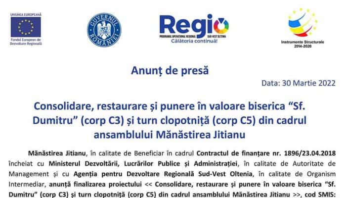 Anunț de presă: Consolidare, restaurare și punere în valoare biserica “Sf. Dumitru” (corp C3) și turn clopotniță (corp C5) din cadrul ansamblului Mănăstirea Jitianu