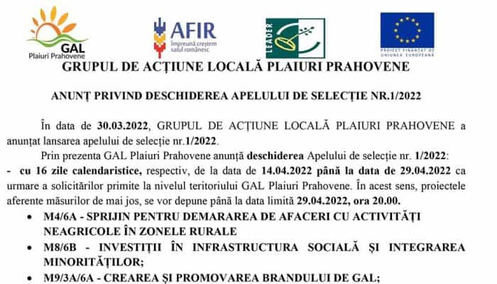 GRUPUL DE ACȚIUNE LOCALĂ PLAIURI PRAHOVENE - ANUNȚ PRIVIND DESCHIDEREA APELULUI DE SELECȚIE NR.1/2022