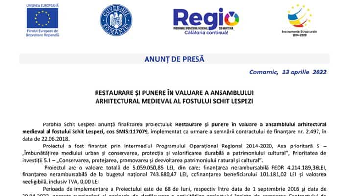 ANUNȚ DE PRESĂ: RESTAURARE ȘI PUNERE ÎN VALUARE A ANSAMBLULUI  ARHITECTURAL MEDIEVAL AL FOSTULUI SCHIT LESPEZI