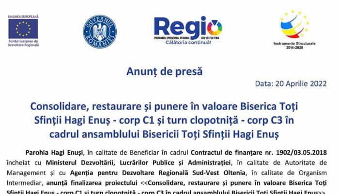  Anunț de presă: Consolidare, restaurare și punere în valoare Biserica Toți Sfinții Hagi Enuș - corp C1 și turn clopotniță - corp C3 în cadrul ansamblului Bisericii Toți Sfinții Hagi Enuș