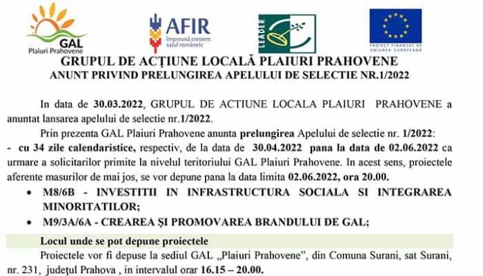 GRUPUL DE ACTIUNE LOCALA PLAIURI PRAHOVENE: ANUNT PRIVIND PRELUNGIREA APELULUI DE SELECTIE NR.1/2022