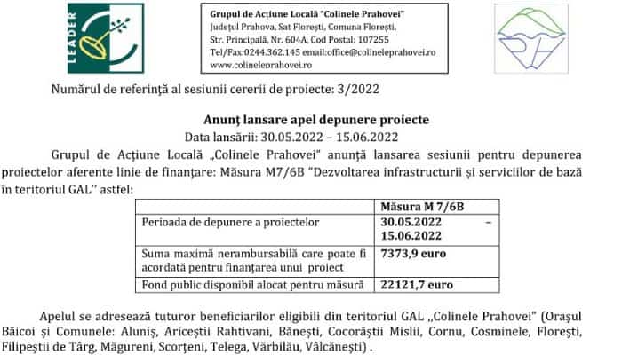 Anunţ lansare apel depunere proiecte - Măsura M7/6B ”Dezvoltarea infrastructurii și serviciilor de bază în teritoriul GAL’’