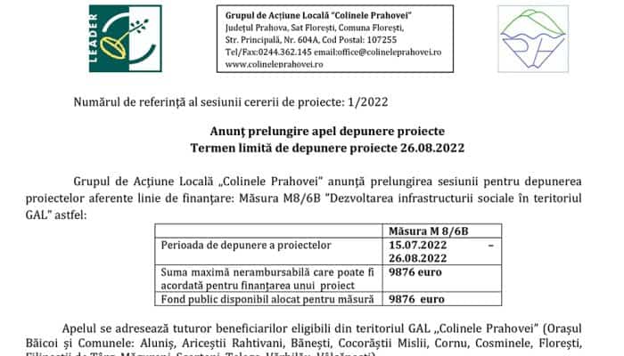 Anunţ prelungire apel depunere proiecte. Măsura M8/6B ”Dezvoltarea infrastructurii sociale în teritoriul GAL”