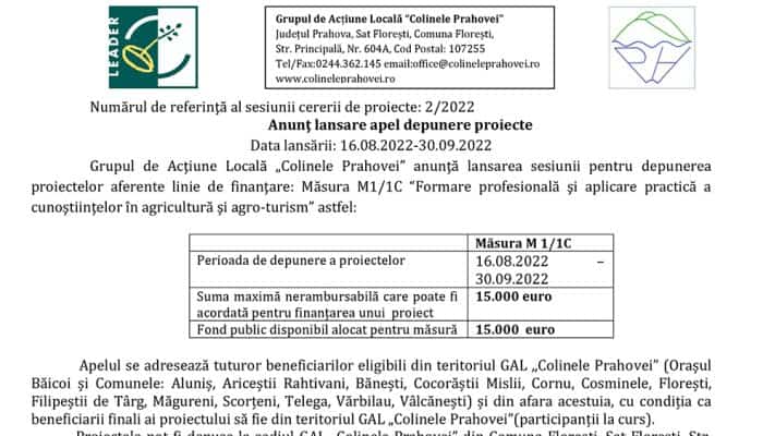 Anunţ lansare apel depunere proiecte. Măsura M1/1C “Formare profesională şi aplicare practică a cunoştiinţelor în agricultură şi agro-turism”