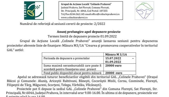 Anunţ prelungire apel depunere proiecte. Măsura M3/1A ”Crearea și promovarea cooperativelor în teritoriul GAL”