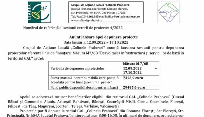 Anunţ lansare apel depunere proiecte: Măsura M7/6B ”Dezvoltarea infrastructurii și serviciilor de bază în teritoriul GAL’’