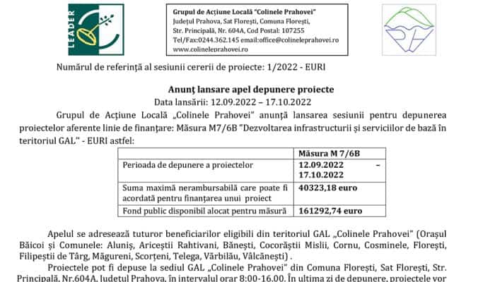 Anunţ lansare apel depunere proiecte. Măsura M7/6B ”Dezvoltarea infrastructurii și serviciilor de bază în teritoriul GAL’’