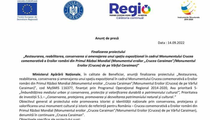 Anunț de presă. Restaurarea, reabilitarea, conservarea si amenajarea unui spațiu expozițional în cadrul Monumentului Crucea comemorativă a Eroilor români din Primul Război Mondial 