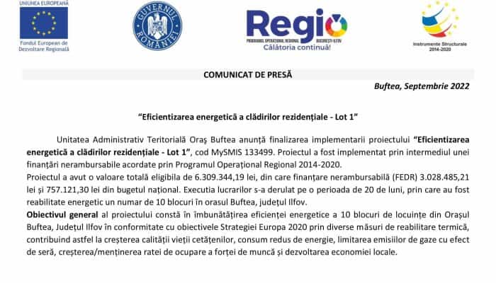 COMUNICAT DE PRESĂ: “Eficientizarea energetică a clădirilor rezidențiale - Lot 1”