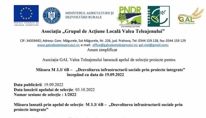 Asociația GAL Valea Teleajenului lansează apelul de selecție proiecte pentru Măsura M 3.3/ 6B –  „Dezvoltarea infrastructurii sociale prin proiecte integrate” începând cu data de 19.09.2022