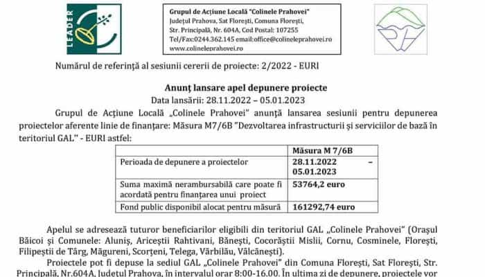 Grupul de Acţiune Locală „Colinele Prahovei” anunţă lansarea sesiunii pentru depunerea proiectelor aferente linie de finanţare: Măsura M7/6B ”Dezvoltarea infrastructurii și serviciilor de bază în teritoriul GAL’’ - EURI