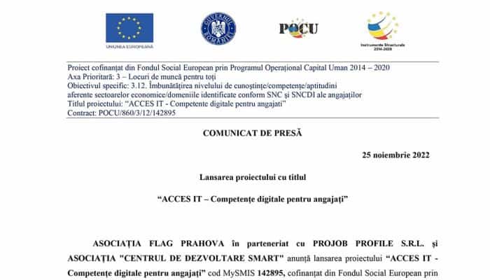 COMUNICAT DE PRESĂ | Lansarea proiectului cu titlul “ACCES IT – Competențe digitale pentru angajați”